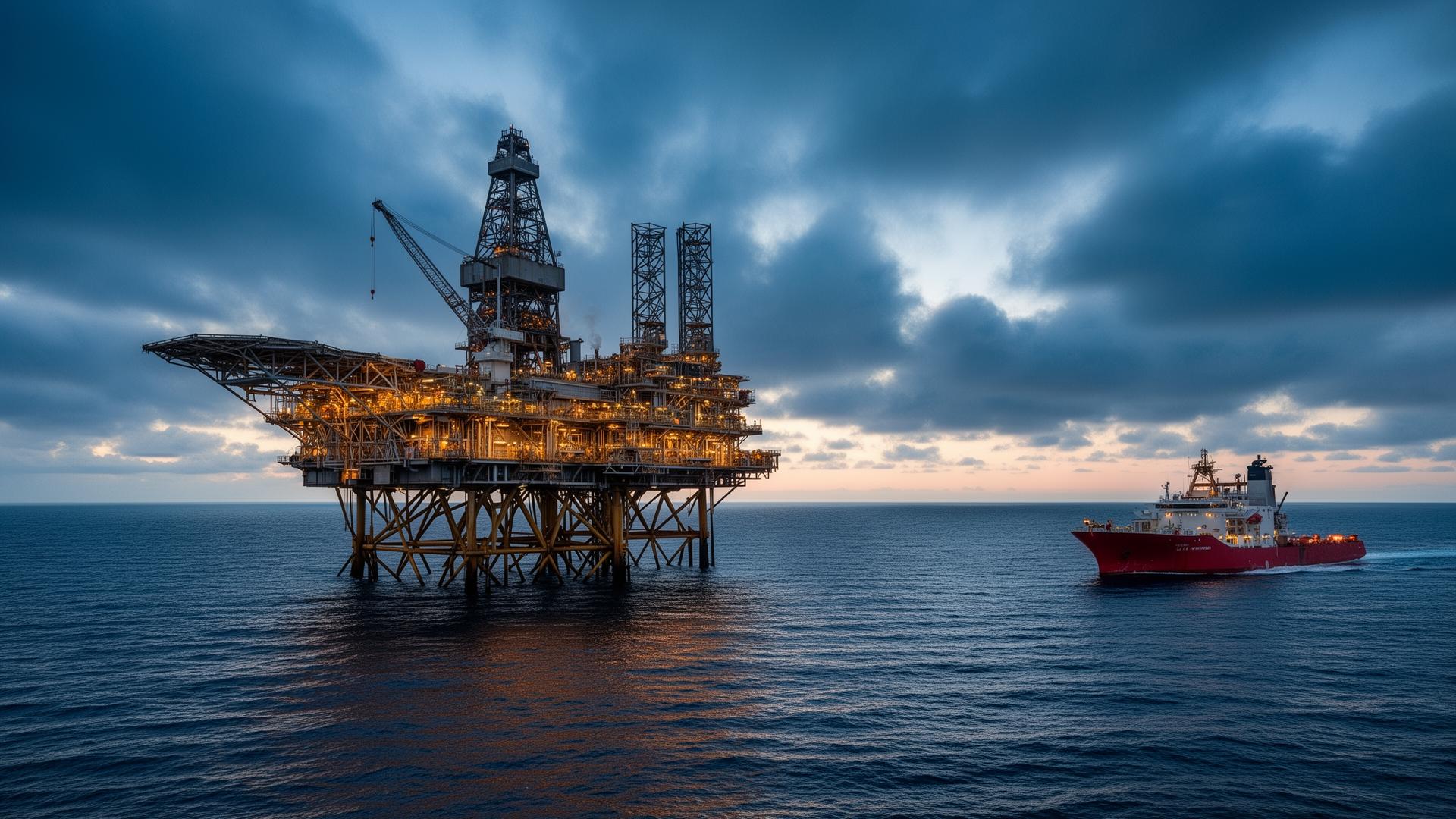 Offshore platform at dusk with supply vessel