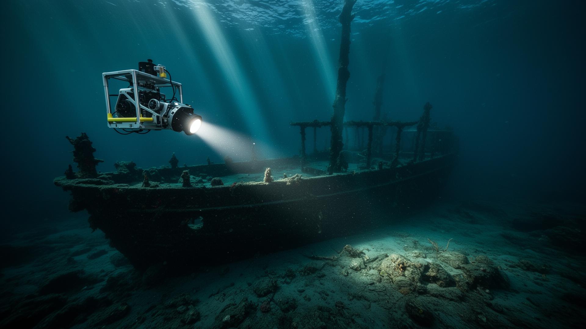 ROV inspecting a sunken shipwreck on the seabed