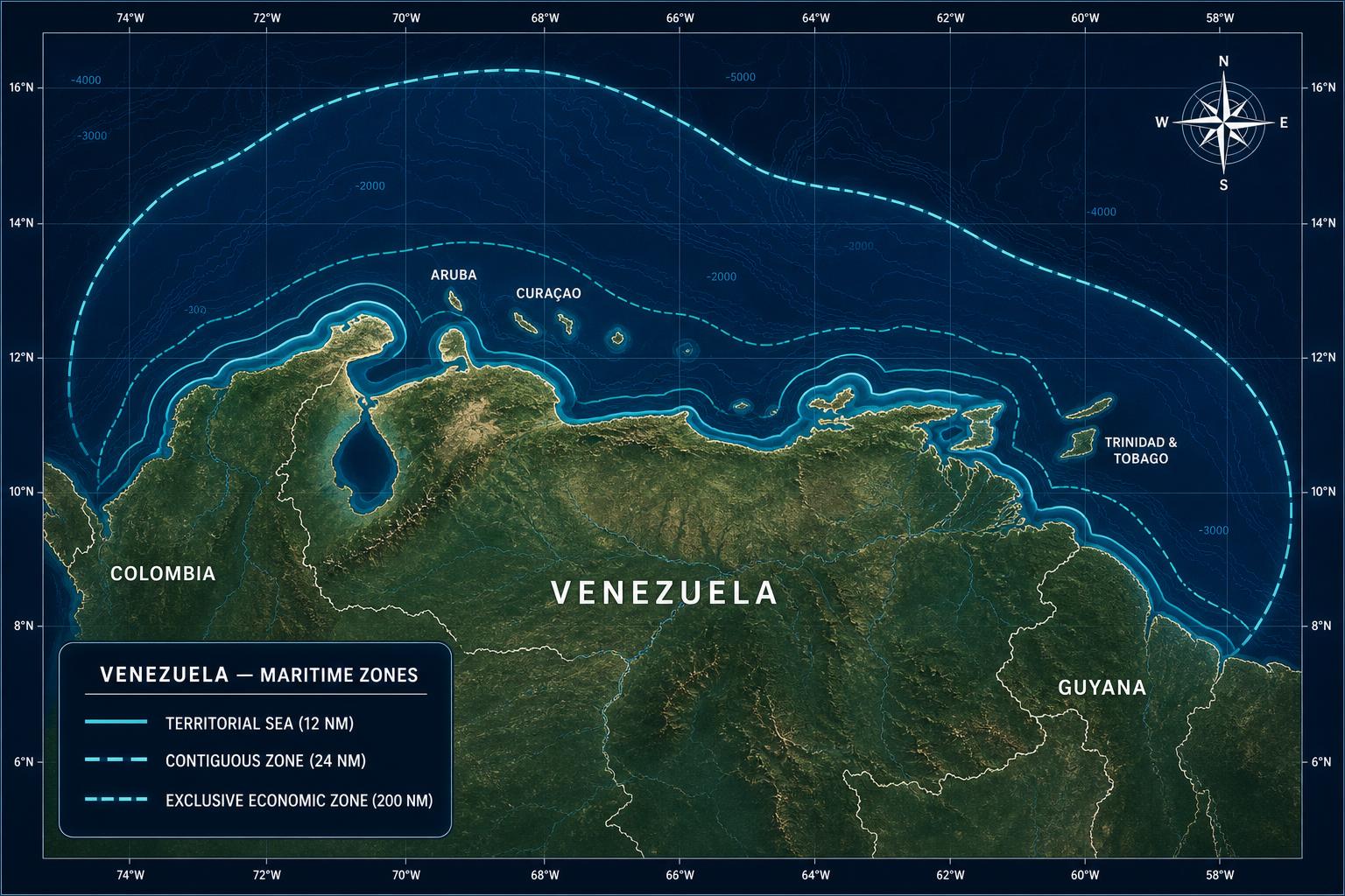 Map of Venezuela showing Territorial Sea, Contiguous Zone and Exclusive Economic Zone in the southern Caribbean